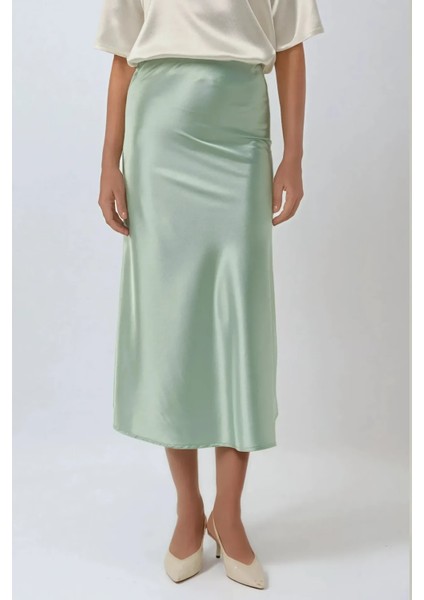 Kadın Yüksek Bel Saten Midi Etek Green fiyatları