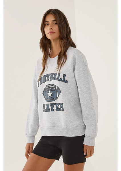 Kadın Baskılı Bisiklet Yaka Sweatshirt Grey fiyatları