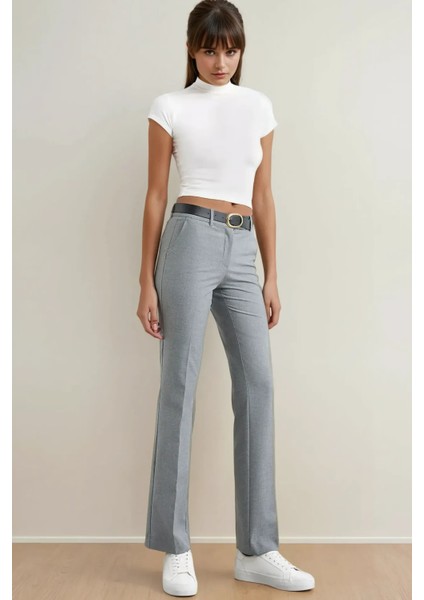 Kadın Yüksek Bel Düz Bacak Pantolon Gri modelleri