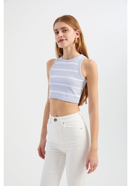 Kadın Çizgili Bisiklet Yaka Crop Top Purple fiyatları