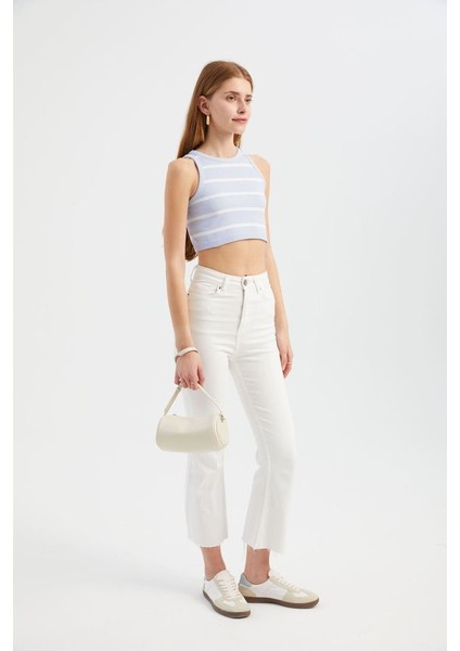 Kadın Çizgili Bisiklet Yaka Crop Top Purple modelleri