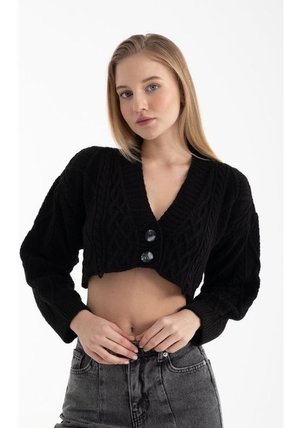 Kadın V Yaka Düğmeli Kırpılmış Hırka Black