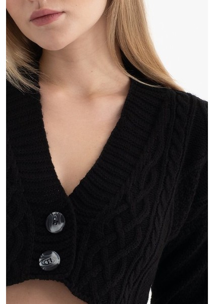 Kadın V Yaka Düğmeli Kırpılmış Hırka Black indirimleri