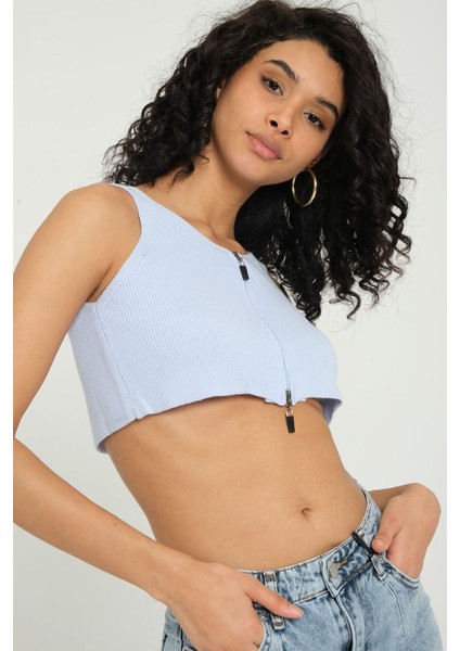 Kadın V Yaka Fitilli Örme Fermuarlı Crop Top Blue fiyatları