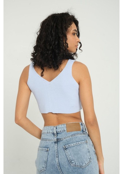 Kadın V Yaka Fitilli Örme Fermuarlı Crop Top Blue modelleri