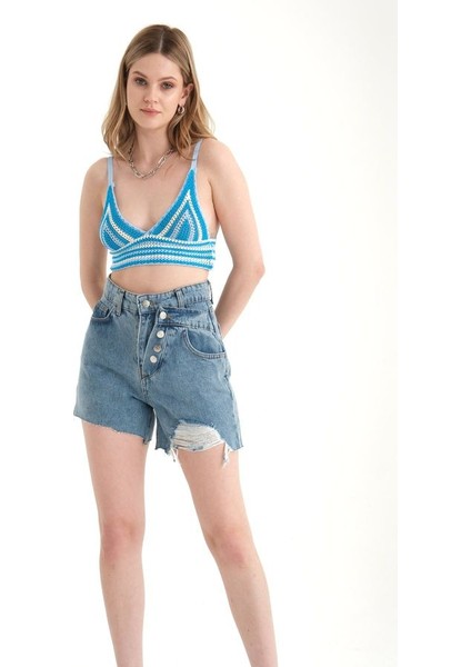 Kadın Şeritli V Yaka Örme Kroşe Crop Top Blue