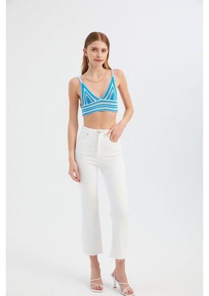 Kadın Şeritli V Yaka Örme Kroşe Crop Top Blue fiyatları