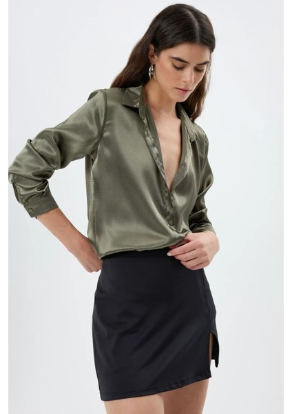 Kadın Saten Klasik Gömlek Haki Yeşil