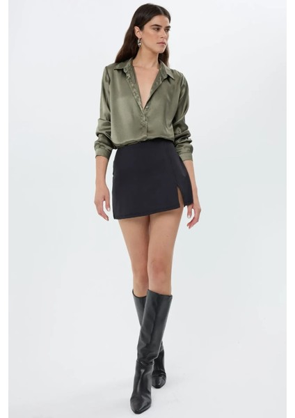 Kadın Saten Klasik Gömlek Haki Yeşil fiyatları