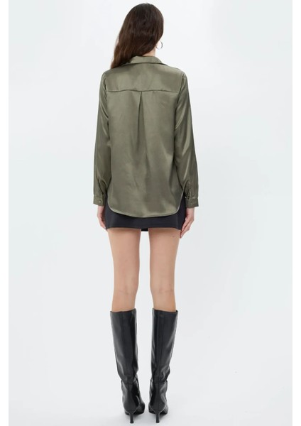 Kadın Saten Klasik Gömlek Haki Yeşil indirimleri