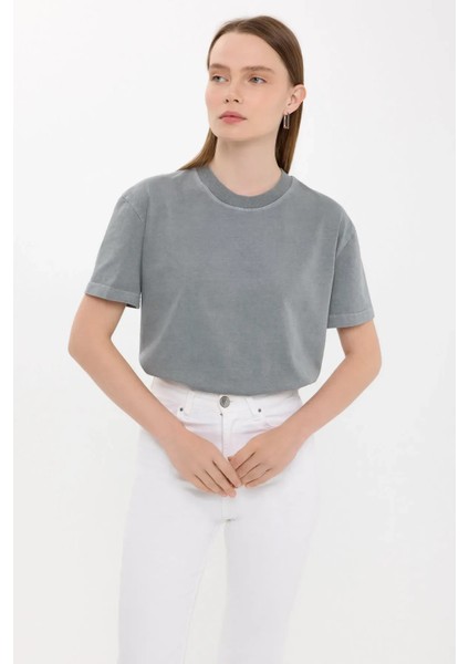 Kadın Gündelik Düz Bisiklet Yaka Tişört Grey