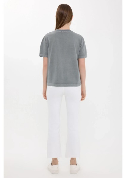 Kadın Gündelik Düz Bisiklet Yaka Tişört Grey indirimleri