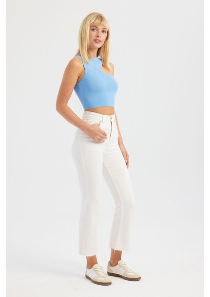 Kadın Bust Kesikli Bisiklet Yaka Örme Crop Top Blue fiyatları