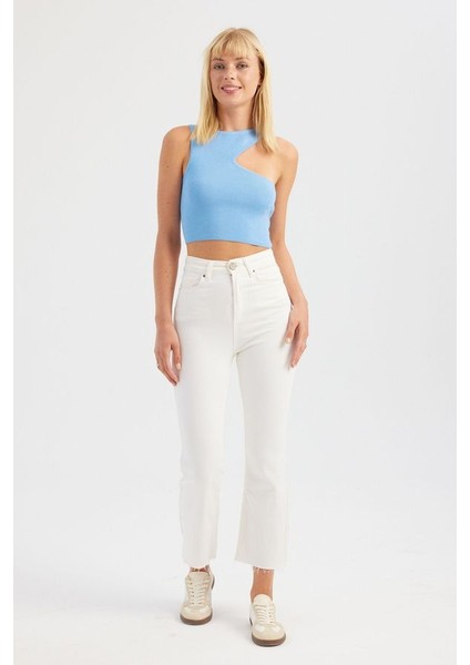 Kadın Bust Kesikli Bisiklet Yaka Örme Crop Top Blue modelleri