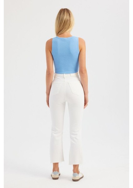 Kadın Bust Kesikli Bisiklet Yaka Örme Crop Top Blue indirimleri