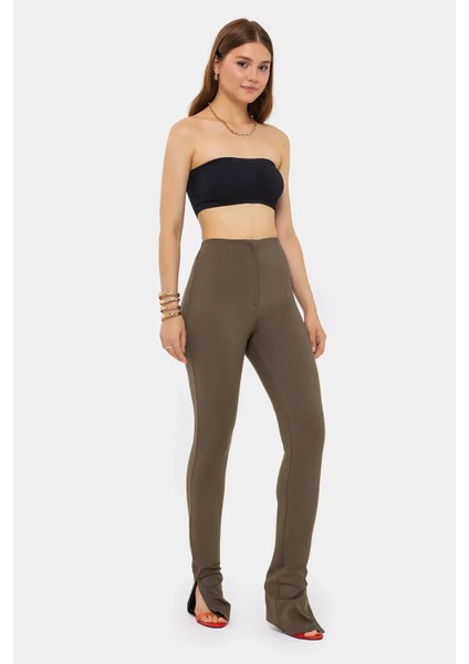 Kadın Yüksek Bel Slim Fit Pantolon - Fermuarlı Kapanış Brown modelleri