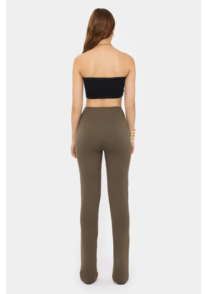 Kadın Yüksek Bel Slim Fit Pantolon - Fermuarlı Kapanış Brown fırsatları