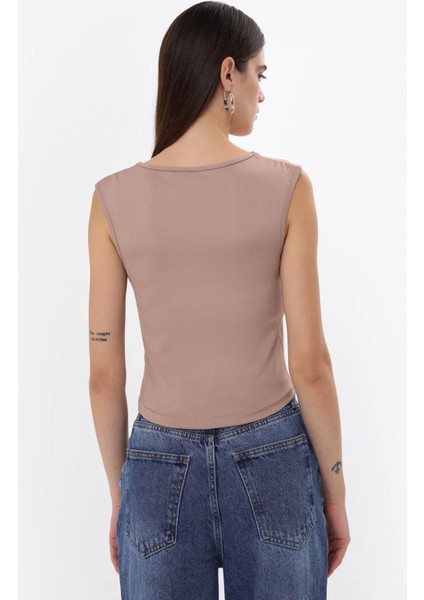 Kadın Drape Kare Yaka Bluz Brown