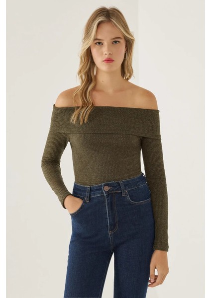 Kadın Off Shoulder Örme Üst Green