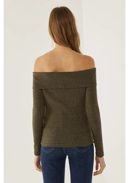 Kadın Off Shoulder Örme Üst Green fırsatları