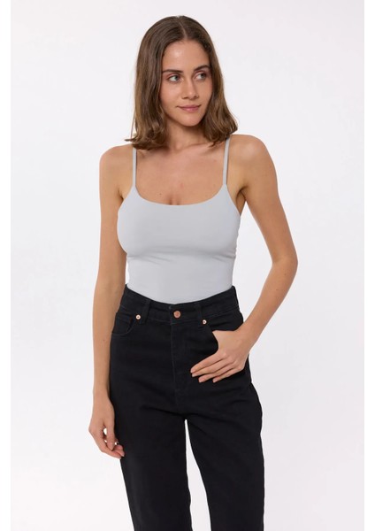 Kadın Temel Dokuma İnce Askılı Body Grey