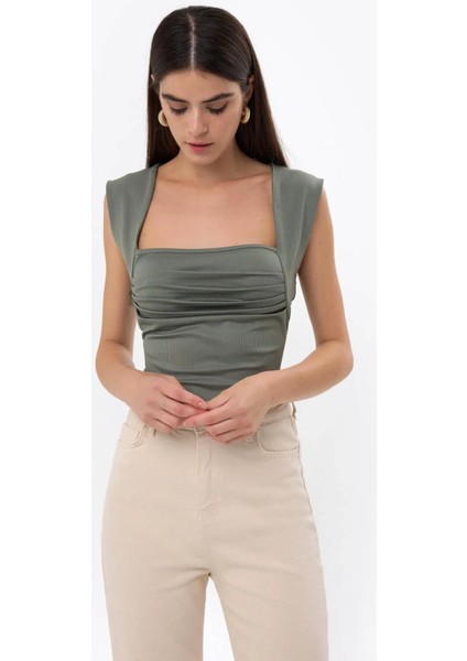 Kadın Drape Kare Yaka Bluz Green