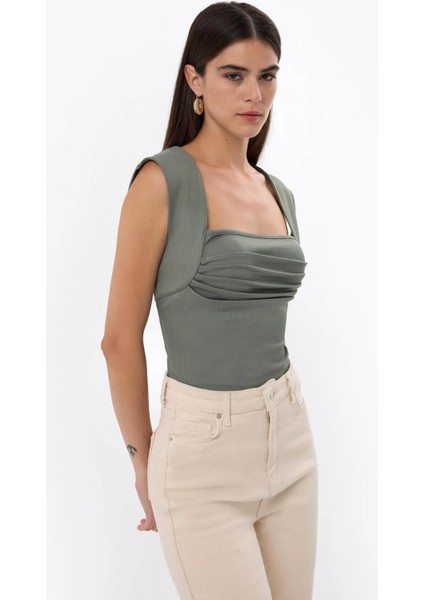 Kadın Drape Kare Yaka Bluz Green