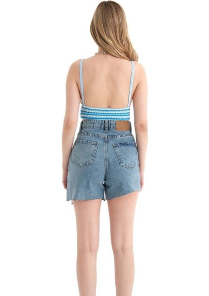 Kadın Şeritli V Yaka Örme Kroşe Crop Top Blue fırsatları