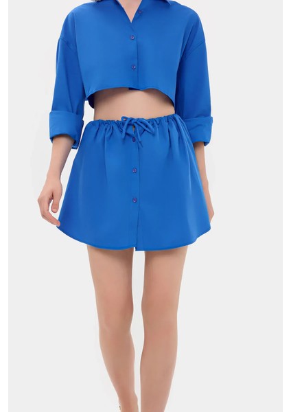 Kadın Yüksek Bel Fermuarlı Mini Etek Blue