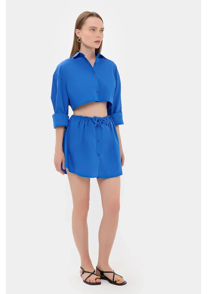 Kadın Yüksek Bel Fermuarlı Mini Etek Blue modelleri