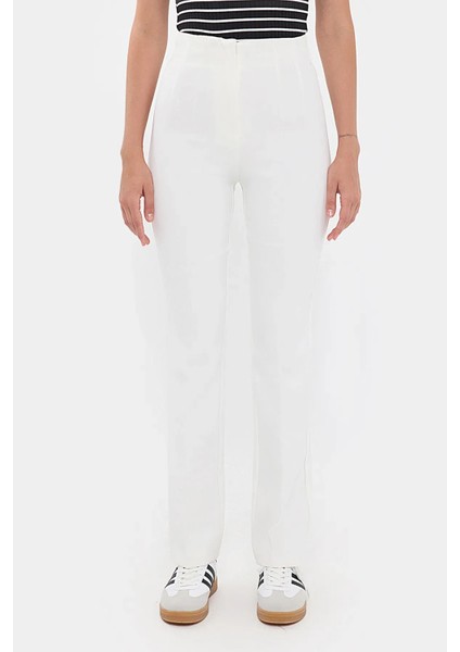 Kadın Plise Yüksek Bel Düz Bacak Pantolon Natural