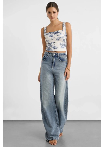 Kadın Kolsuz Desenli Bluz Blue fırsatları