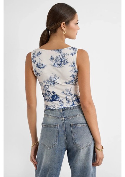 Kadın Kolsuz Desenli Bluz Blue