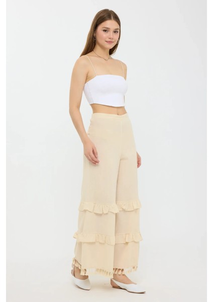 Kadın Püskül Uçlu Yüksek Bel Geniş Paça Keten Pantolon Natural modelleri