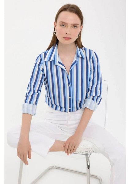 Kadın Çizgili Uzun Kollu Dokuma Gömlek Blue