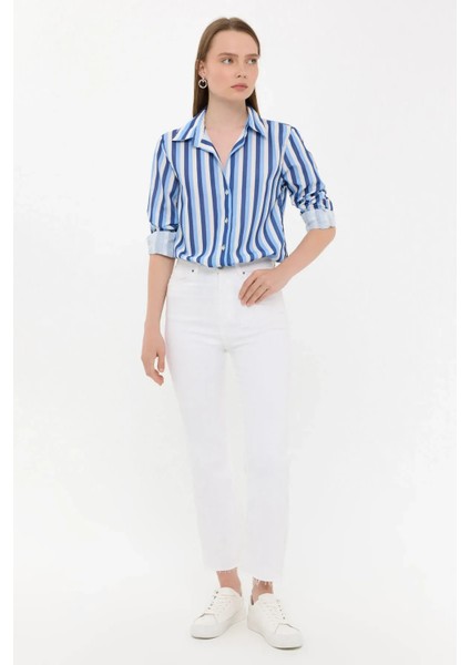 Kadın Çizgili Uzun Kollu Dokuma Gömlek Blue fiyatları