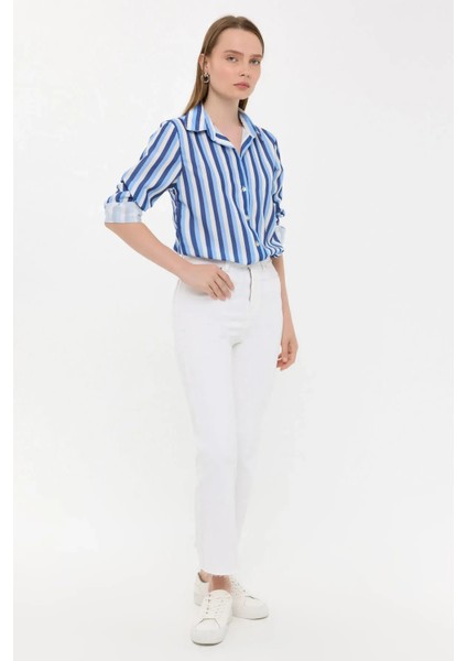 Kadın Çizgili Uzun Kollu Dokuma Gömlek Blue modelleri