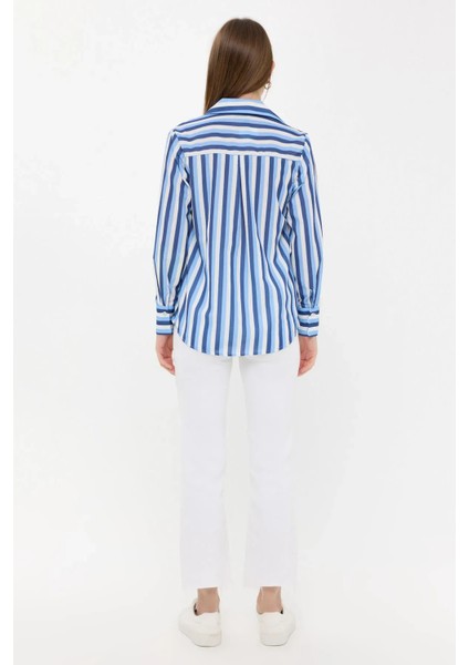 Kadın Çizgili Uzun Kollu Dokuma Gömlek Blue fırsatları