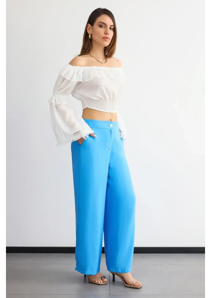 Kadın Yüksek Bel Geniş Paça Pantolon Blue fırsatları