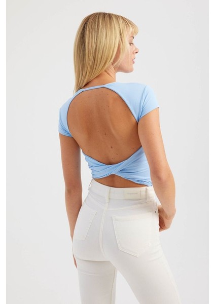 Kadın Yuvarlak Yaka Çapraz Arka Kısa Kollu Crop Top Blue