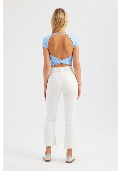 Kadın Yuvarlak Yaka Çapraz Arka Kısa Kollu Crop Top Blue indirimleri