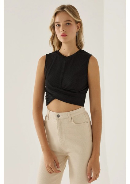 Kadın Çapraz Detaylı Örme Crop Atlet Black