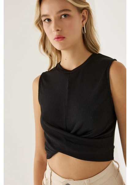 Kadın Çapraz Detaylı Örme Crop Atlet Black fırsatları