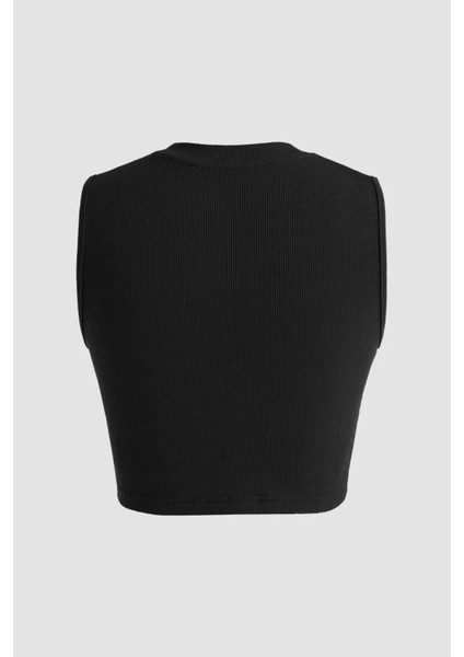 Kadın Çapraz Detaylı Örme Crop Atlet Black