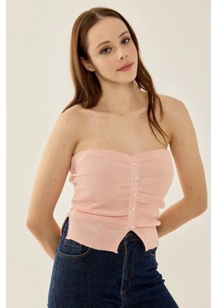 Kadın Straplez İnci Detaylı Triko Üst Pink