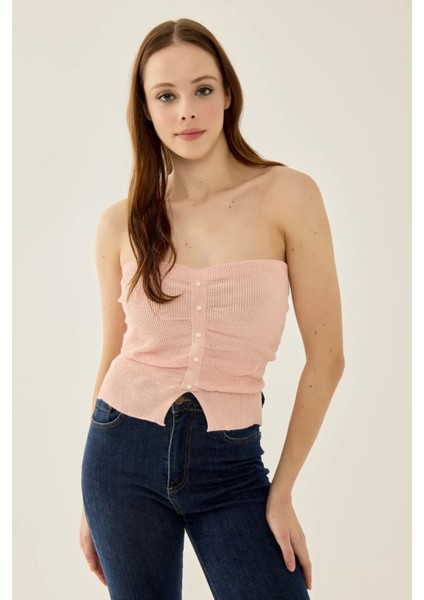 Kadın Straplez İnci Detaylı Triko Üst Pink modelleri