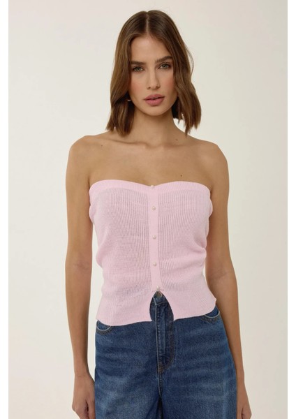 Kadın Straplez İnci Detaylı Triko Üst Pink