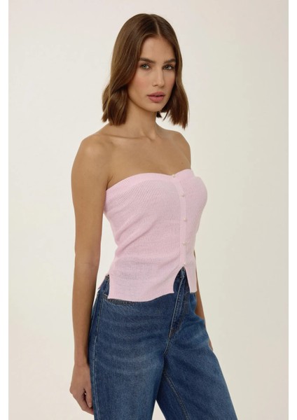 Kadın Straplez İnci Detaylı Triko Üst Pink