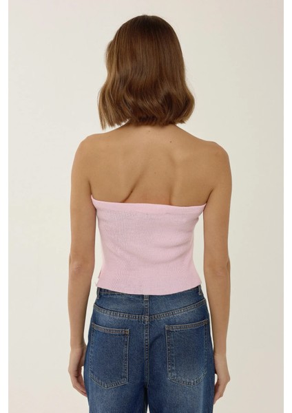 Kadın Straplez İnci Detaylı Triko Üst Pink