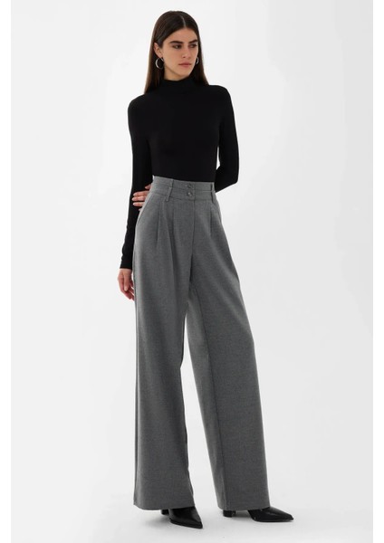 Kadın Çift Bel Geniş Paça Pantolon Gri modelleri